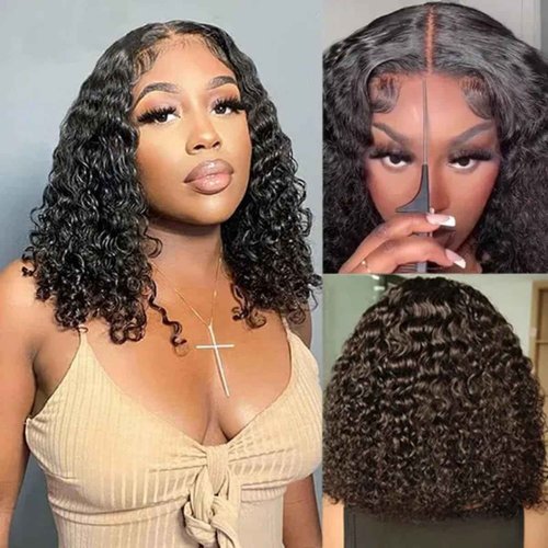 ISEE Wear and Go Glueless Wigs Bob Wigs Human Hair Pre Plucked Water Wave Lace Front Wigs Human Hair Upgraded No Glue Transparent Lace Closure Wigs Human Hair for Women Natural Black 16 Inch