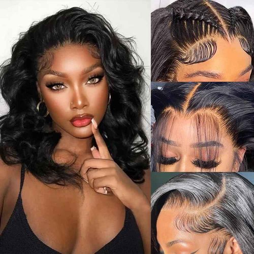 Caijuxing 16 Inch Bob Wig Human Hair 13x6 HD Lace Frontal Wig 220% Density Body Wave Lace Front Wigs Human Hair Pre Plucked Bob Wigs for Women Natural Black