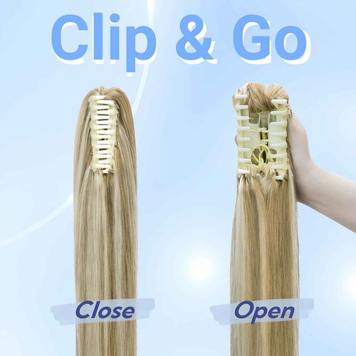 FUOTONBUTY Claw Clip Ponytail Extension 100% Real Remy Human Hairpiece Pony Tails Hair Extensions Long Straight Ponytail for Women (Balayage Caramel Blonde to Bleach Blonde, 20 inch)