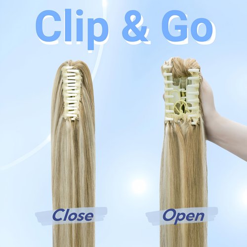 FUOTONBUTY Claw Clip Ponytail Extension 100% Real Remy Human Hairpiece Pony Tails Hair Extensions Long Straight Ponytail for Women (16 inch, Balayage Caramel Blonde to Bleach Blonde)