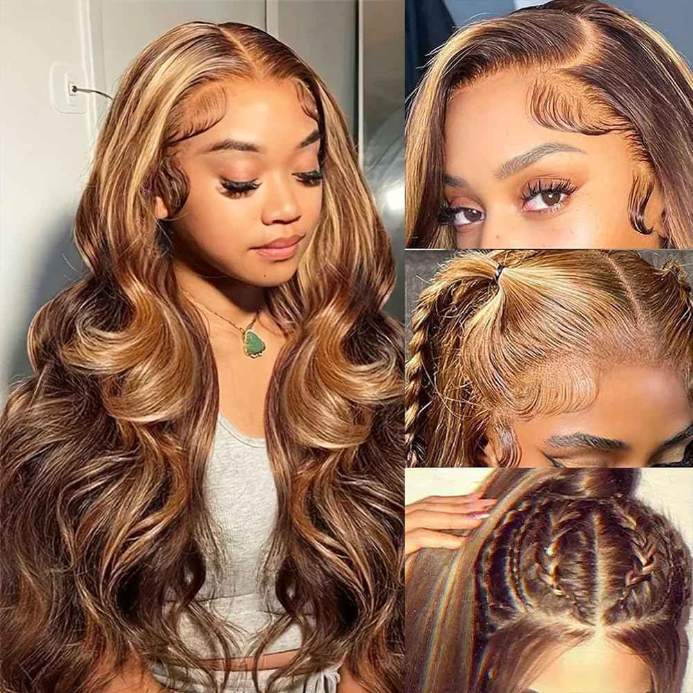 Honey Blonde Ombre Lace Front Wig Human Hair Highlight Wig Human Hair 4/27 Colored Body Wave HD Lace Front Wigs Human Hair Pre Plucked with Baby Hair Frontal Wigs for Women 180% Density 28 Inch
