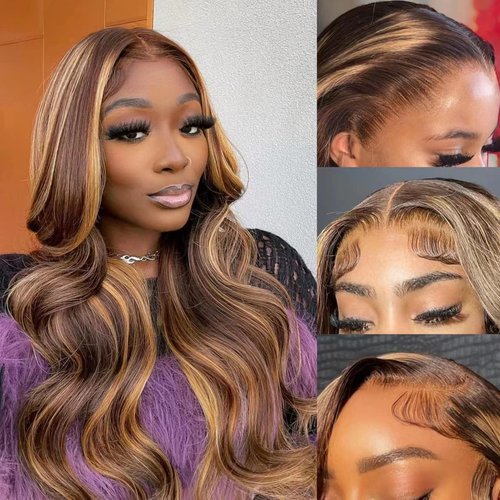 Naliandra 26 Inch Honey Blonde Lace Front Wig Human Hair Pre Plucked Ombre 13x4 Body Wave Lace Front Wigs Human Hair 4/27 Highlight 180 Density HD Lace Frontal Wigs