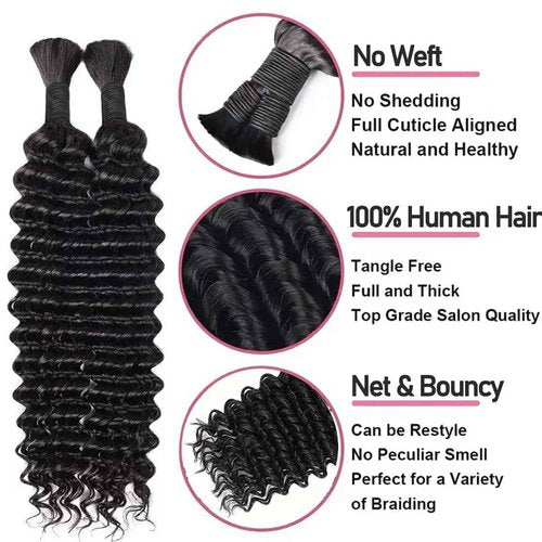 Human Braiding Hair Deep Wave Bulk Human hair for Braiding Natural Black Color No Weft Human Hair Bundles Micro Virgin Human Hair Extension for Boho Braids (100g(2bundles), 24 Inch)