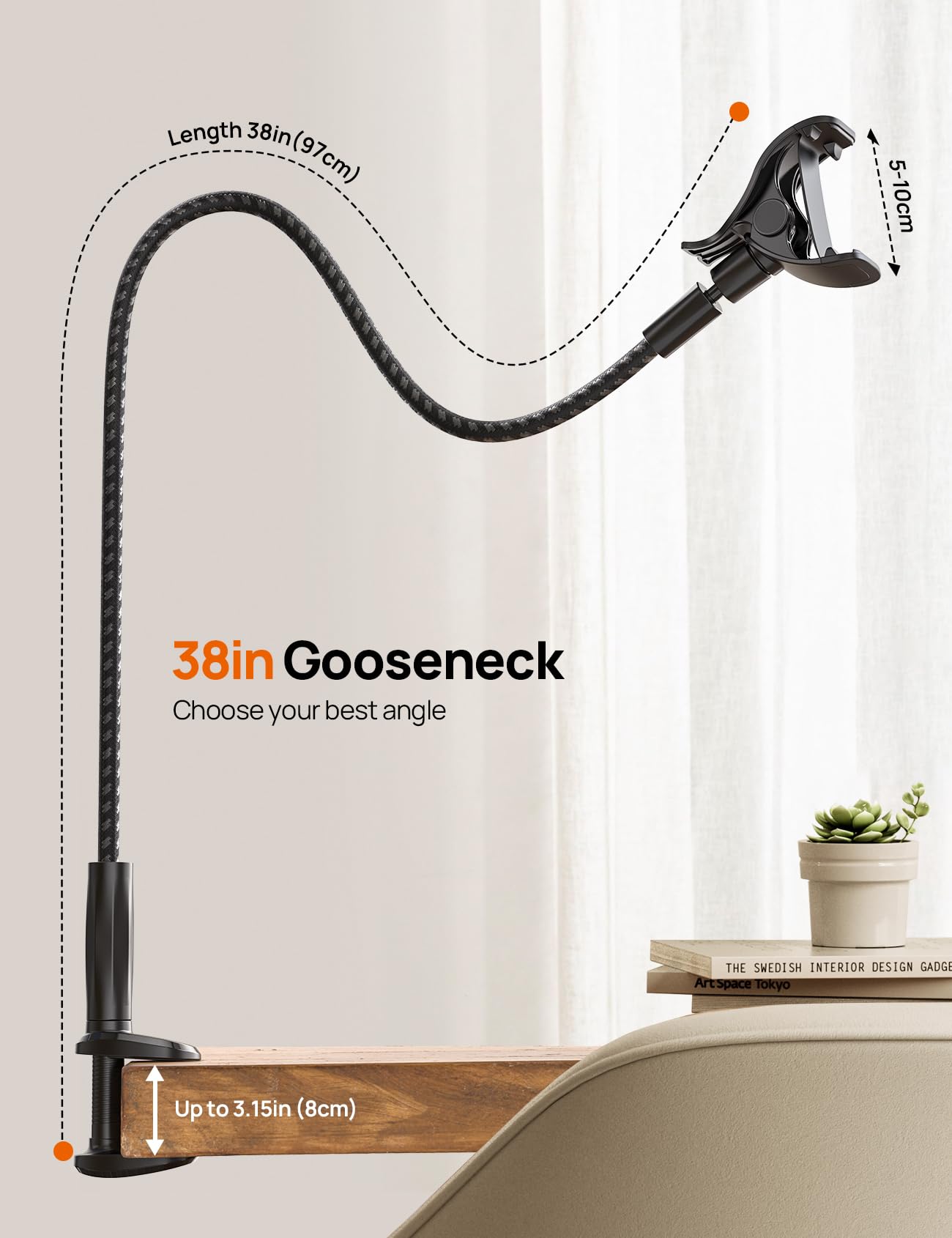 Aomiker Gooseneck Phone Holder for Bed - [2025 Upgrade Nylon Braid] 38” Long Flexible Lazy Arm Clip, 360 Adjustable Overhead Phone Mount for iPhone 15 14 13 12 11 Pro Max Mini Plus, all 4-7" Cellphone