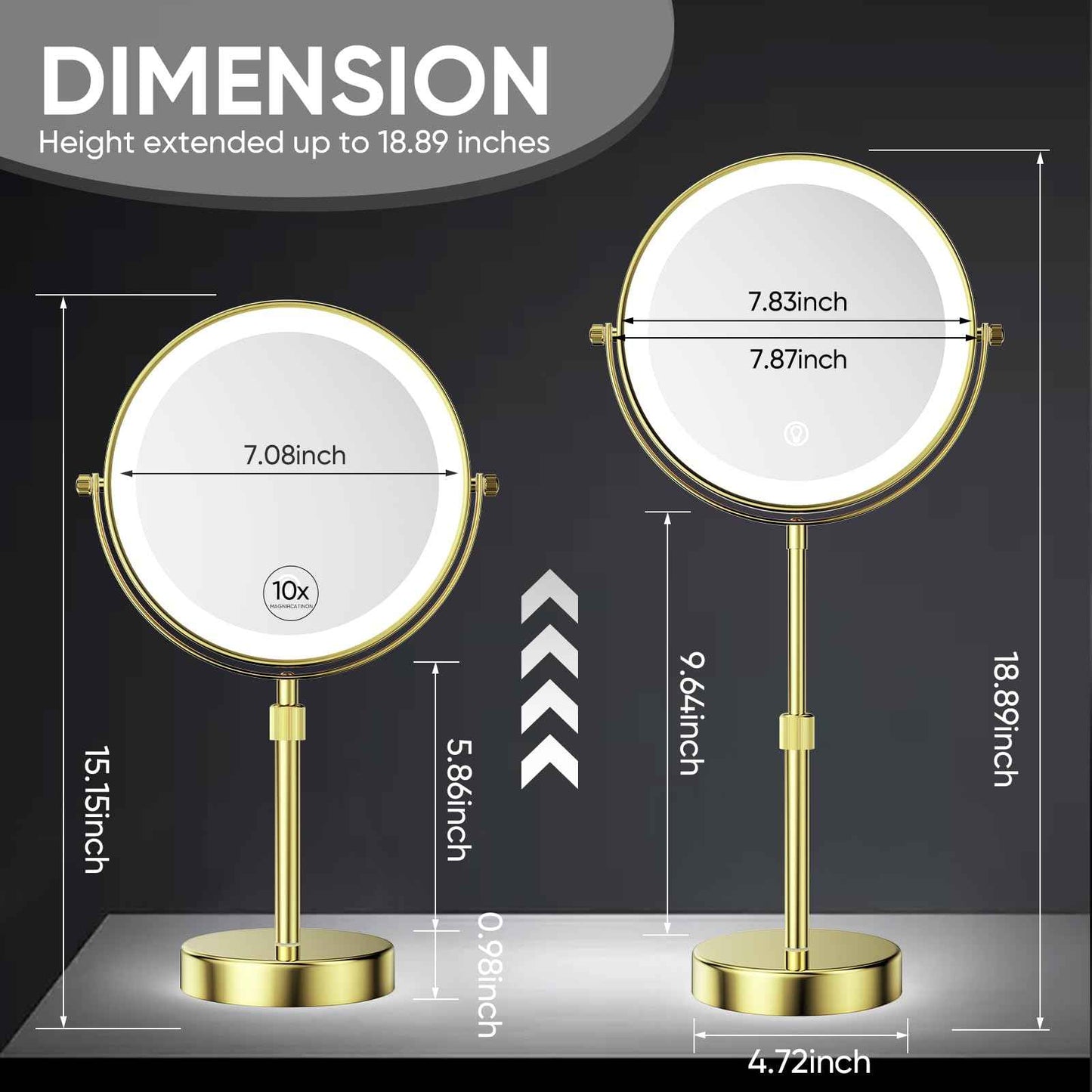 Nicesail 8” Rechargeable LED Magnifying Makeup Mirror with 3 Color Lights and 10X Magnification, Height Adjustable Stand up Lighted Magnifying Mirror, Double Sided 360°Rotation, Shiny Gold Finish