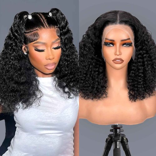 EMOBANA Short Curly Bob Wig Human Hair 13x4 Lace Front Wigs Brazilian Virgin Human Hair Lace Frontal Curly Wigs For Black Women Pre Plucked with Baby Hair 180 Density (16 Inch)