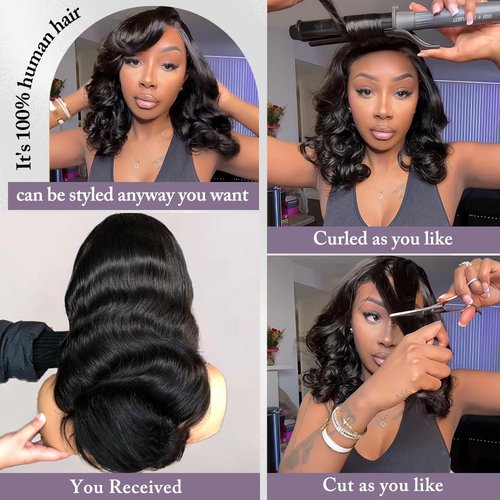 Zojj Bob Wig Human hair 16Inch 13x4 Body Wave HD Lace Front Wigs Human Hair Pre Plucked 180 Density Glueless Human Hair Wigs for Women Frontal Bob Wigs Natural Black Color