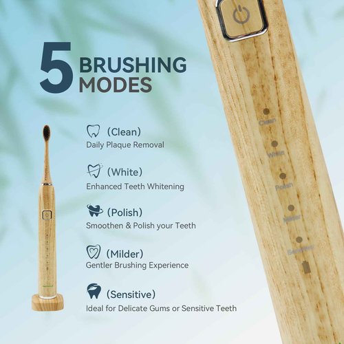 GUFICLE Bamboo Electric Toothbrush, Sonic Electric Bamboo Toothbrush for Adults, IPX7 Waterproof Rechargeable Toothbrush, 5 Cleaning Modes, 4 Bamboo Brush Heads Soft Bristle