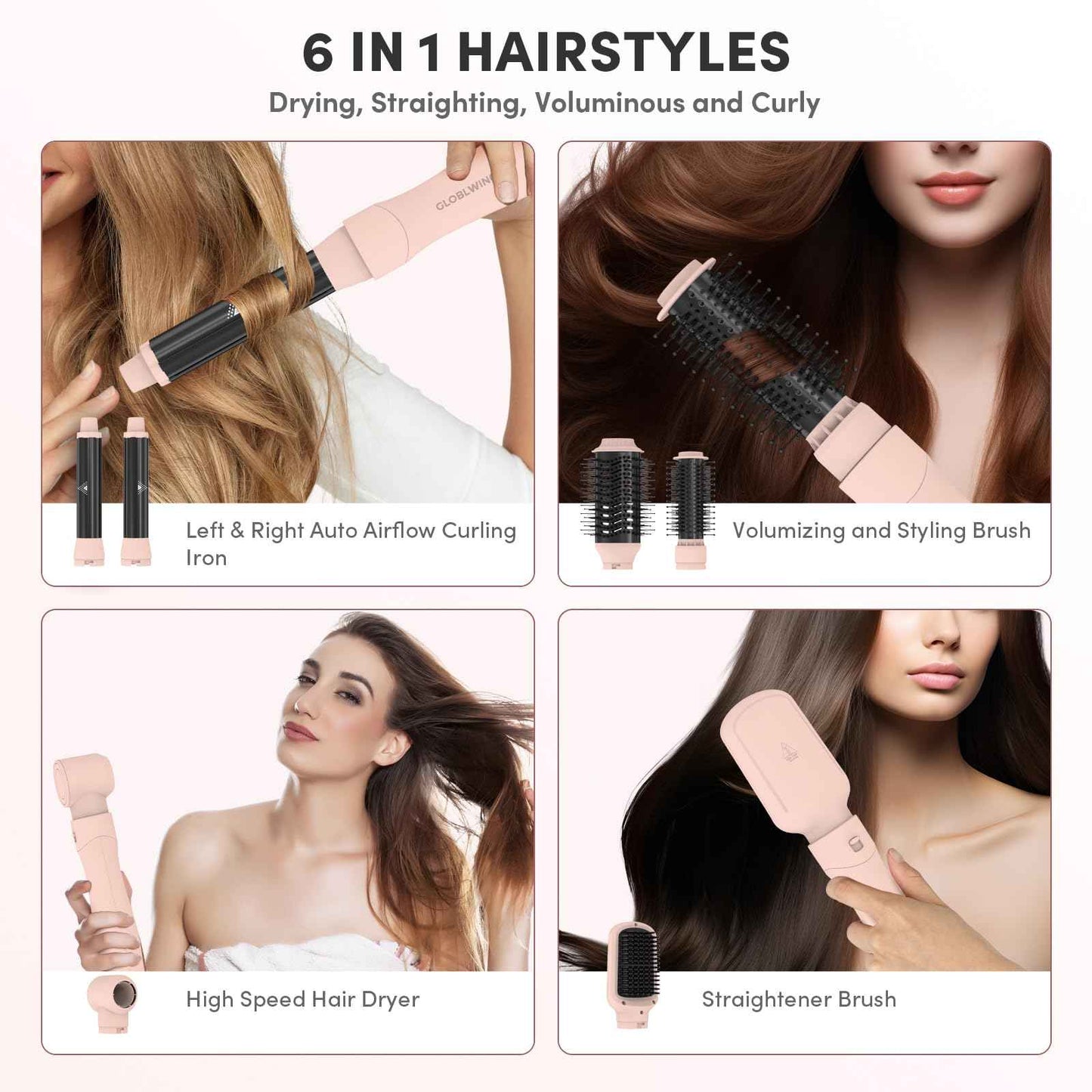 Hair Dryer Brush 6 in 1 Hot Air Styler, 110,000 RPM High-Speed Negative Ionic Blow Dryer, Auto-Wrap Curlers, Paddle Brush for Fast Drying, Curling, Straightening, Volumizing with Storage Case Pink