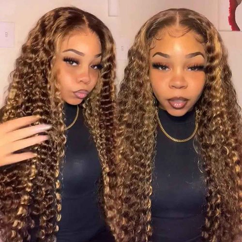 ZZMDS 26 Inch 13x6 Highlight Ombre Deep Wave Lace Front Wigs Human Hair Pre Plucked #4/27 Colored Glueless Wigs Water Wave Honey Blonde Curly Lace Frontal Wigs Human Hair for Women