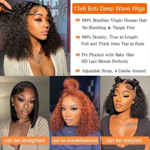 Ablvari 13x6 Deep Wave Bob Lace Front Wigs Human Hair 180% Density HD Lace Frontal Wigs Human Hair Pre Plucked 16 Inch