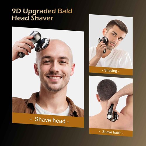 9 Floating Heads Detachable Head Shavers,6 in 1 Electric Razor IPX6 Waterproof for Bald Men, Wet Dry Mens Grooming Kit,LED Display Rechargeable 9D Rotary Shaver Grooming Kit with Type-C Charge