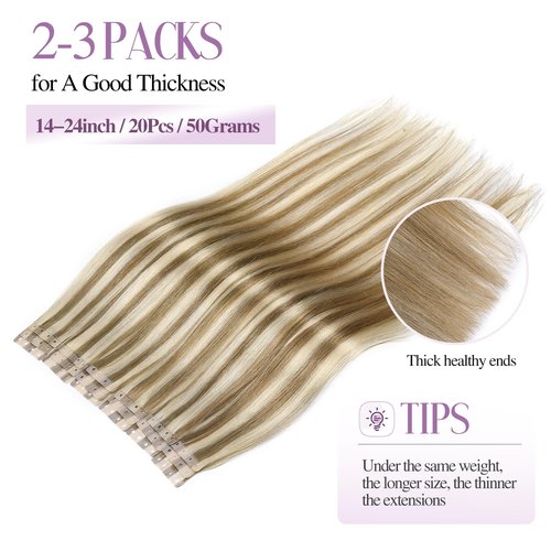 FANCEE Glueless Human Hair Extensions - Highlighted Brown and Blonde Tape in With Holes - Invisible Seamless Skin Weft for Women (50g 20Pcs, 20 Inch)