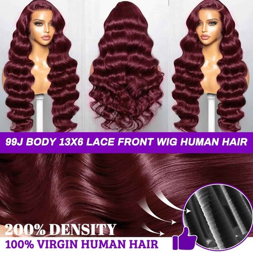 HaEver 30 Inch 99J Burgundy Lace Front Wigs Human Hair Pre Plucked 200% Density Body Wave Lace Front Wigs Human Hair Red Wig HD Transparent Full Frontal 13x6 Glueless Colored Natural Wig For Woman