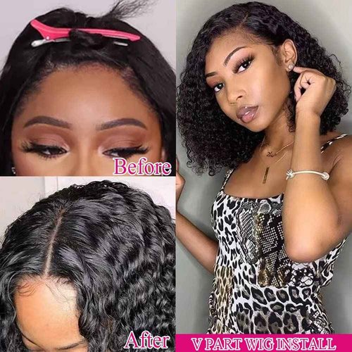 Amznlady Curly V Part Wig Human Hair Brazilian Virgin Human Hair Wigs for Black Women Upgrade U Part Wigs Glueless Full Head Clip In Half Wig No Leave Out 180% Density Natural Black 16 Inch