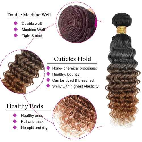 26 28 30 Inch 1B430 Bundles Human Hair Ombre Deep Wave Bundles 3 Tone Black and Color #4 Mixed With Color #30 Bundles Dark Brown Bundles Peruvian Virgin Chocolate Brown Human Hair 3 Bundles