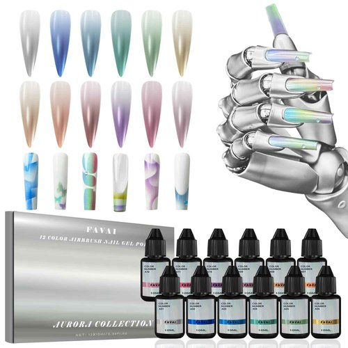 FAVAI Airbrush Gel Nail Polish,12 Chrome Color, Polish Air Gel Set, Metallic Shades, Iridescent, No Dilution,Acetone-Free,French Manicure,Ombre Nail Art