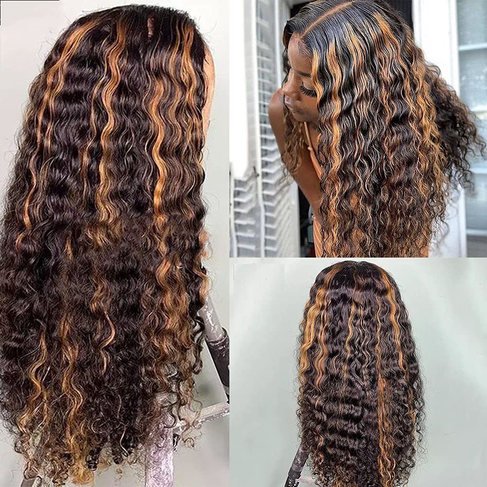 180 Density Highlight Curly Lace Front Wigs for Black Women Pre Plucked Ombre Blonde Colored Wigs 4T27 Brazilian Remy Human Hair Wig (22 Inch, 13X4 Lace Front Wig)