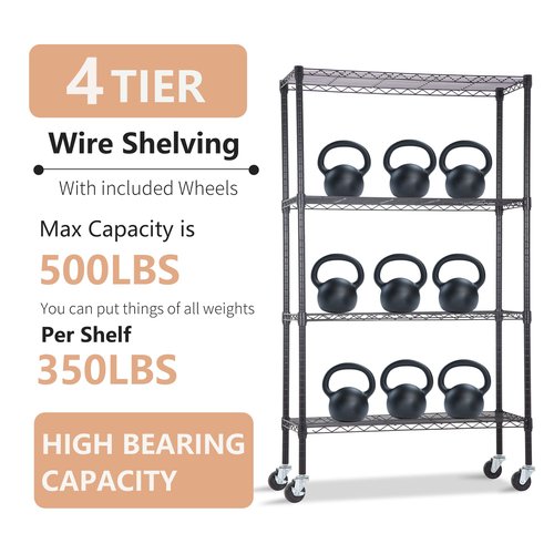 BestOffice | 4-Tier Wire Storage Shelves with Wheels | 36x14x62 | Black | Adjustable Racks | Heavy-Duty Metal Shelf, Holds Upto 500 lbs | No-Tool Assembly | Ideal for Home & Garage Shelving