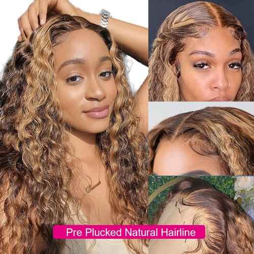 Curly Lace Front Wigs Pre Plucked 24 Inch Real Human Hair Lace Frontal Wig with Baby Hair 4/27 Colored Honey Blonde Highlights 13x1 Middle Part Brazilian Virgin Human Hair Lace Wig Bleached Knots