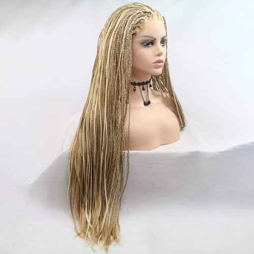 Highlight Blonde Box Braided Wig Micro Lace Front Wigs for Women Long Braid Synthetic Hair Wig Glueless Lace Wig Natural Hairline Synthetic Heat Resistant Fiber Hair for Women 26Inch(Brown)