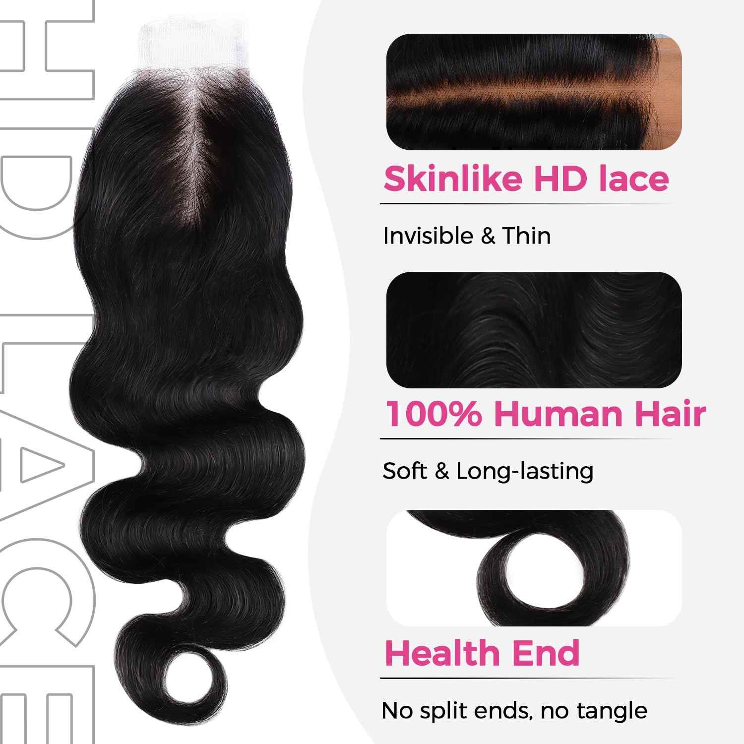 Lashey 2x6 SKINLIKE HD Lace Closure Human Hair Body Wave, 0.10mm Ultra-Thin Invisible Real HD Lace, Pre-Bleached Knots and Pre-Plucked Hairline 18 Inch Natural Black