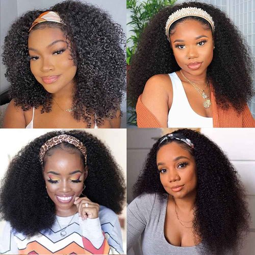 XSY Headband Wig Human Hair Kinky Curly Wigs for Black Women Curly Human Hair Wigs Briazilian Curly None Lace Front Machine Made Wigs Human Hair 26 inch Natural Color
