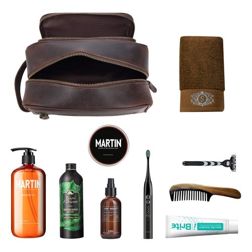 Polare Vintage Full Grain Leather Handmade Travel Toiletry Bag for Men - Dopp Kit - Shaving Kit with YKK Metal Zippers A-Dark Brown