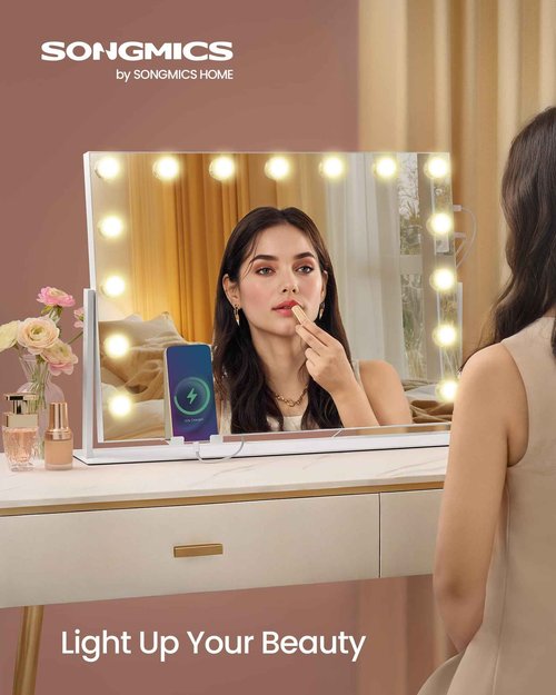 SONGMICS Vanity Makeup Mirror with Lights, Touch Control, 15 LED Bulbs, with Charging Ports, Detachable 10X Magnifying Mirror, 3 Color Temperatures, Dimmable, Phone Holder, Matte White ULWM001W01V1