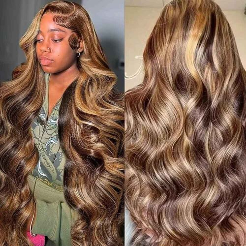 Durgio 30 Inch Honey Blonde Ombre Highlight 13x6 Lace Front Wigs Human Hair 180% Density HD Transparent Pre Plucked Body Wave Lace Front Wigs Glueless #4/27 Colored Human Hair Wig for Women