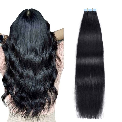 SUYYA Tape in Hair Extensions Human Hair Jet Black 26 Inch 60g/pack 20pcs Straight Seamless Skin Weft Tape in Real Human Hair Extensions(26inch #1 Jet Black)