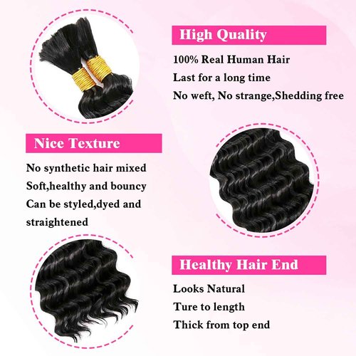 Deep Wave Bulk Human Hair for Braiding 100% Unprocessed Brazilian Virgin Human Hair for Boho Knotless Braids 100g 28 Inch Human Hair Braiding Hair 1B Braiding Hair No Weft