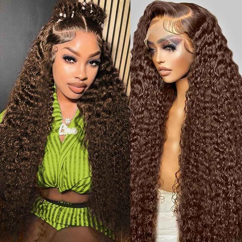 BIANFA Chocolate Brown Lace Front Wig Human Hair 220% Density 13x6 Deep Wave Lace Front Wigs Colored Curly Human Hair Wigs for Women with baby hair（22inch）