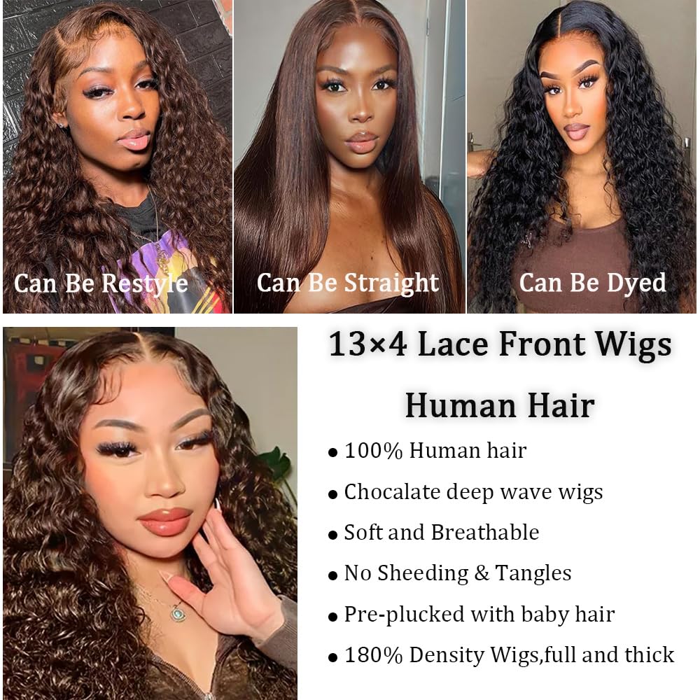 Pinketer Deep Wave Lace Front Wigs Human Hair Chocolater Colored 13x4 Curly Lace Front Wig Human Hair Wigs for Black Women Curly Wig Natural Hairline (#4 Color, 24inch)