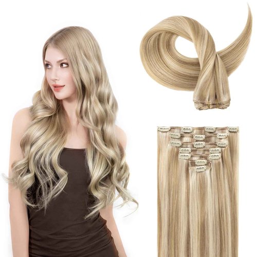 SoBeauty Clip in Hair Extensions Real Human Hair, Silky Remy Hair Extensions Clip Ins, Salon Quality Natural Human Hair, Light Blonde Highlighted Golden Blonde #P16/22 18Inch 120G 7PCS