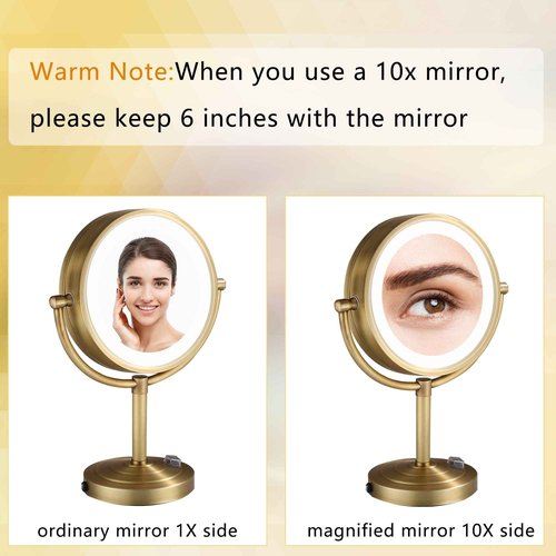 Cavoli 8.5 inch LED Makeup Mirror with 10X Magnification,has Three Colors Lights,Extendable Bathroom Mirror,Tabletop Two-Sided, Antique Brass Finish (Antique Brass, 10x Magnification)