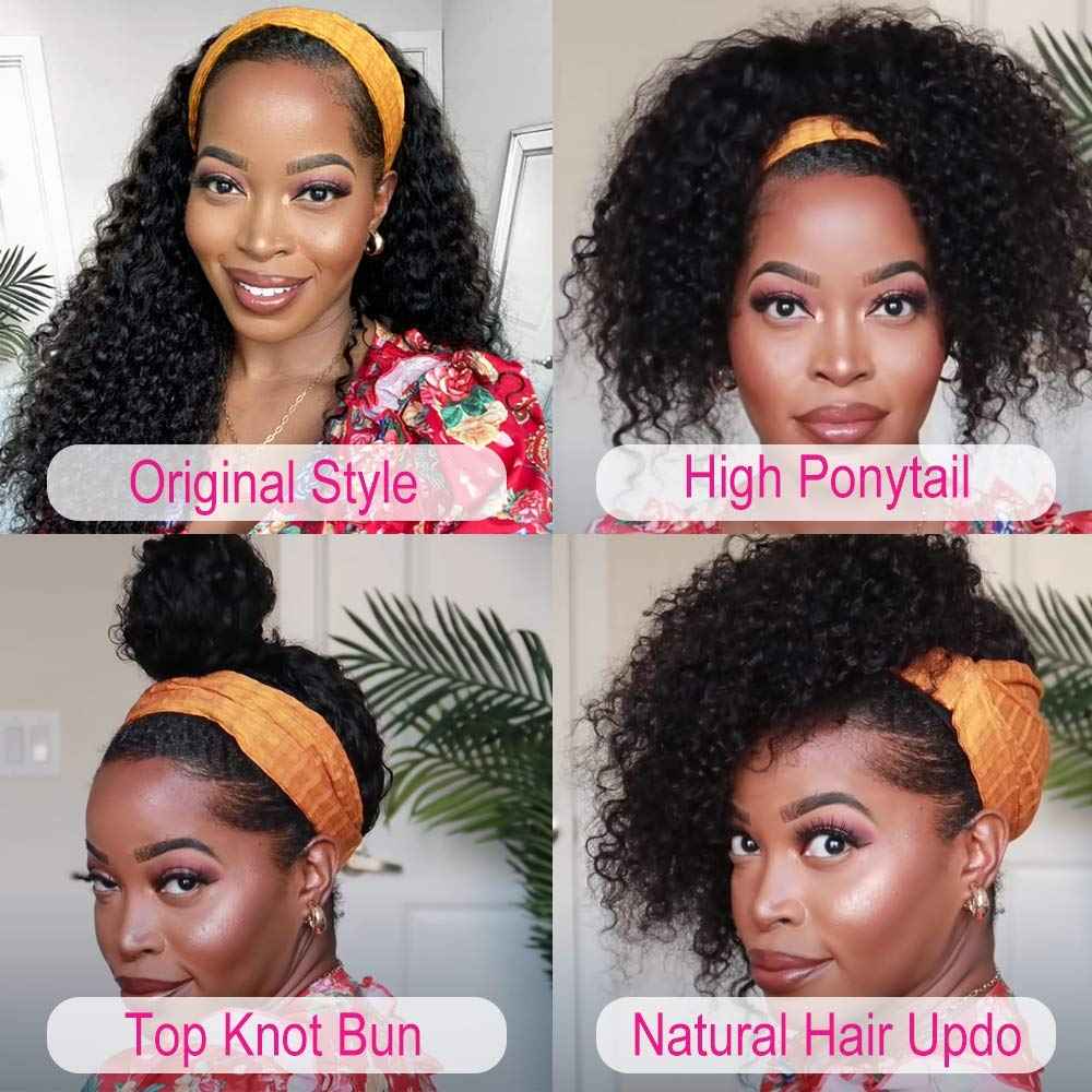mengkai 18 Inch Headband Wig Human Hair Curly Headband Wigs Human Hair Glueless Wigs Human Hair Pre Plucked None Lace Front Wigs Human Hair With Headband Attached Headband Wig Curly Machine Made
