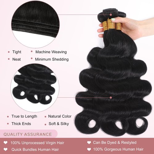 Body Wave Bundles Human Hair 20 22 24 Inch Human Hair Brazilian Virgin Hair 3 Bundles Body Weave for Black Women Natural Black