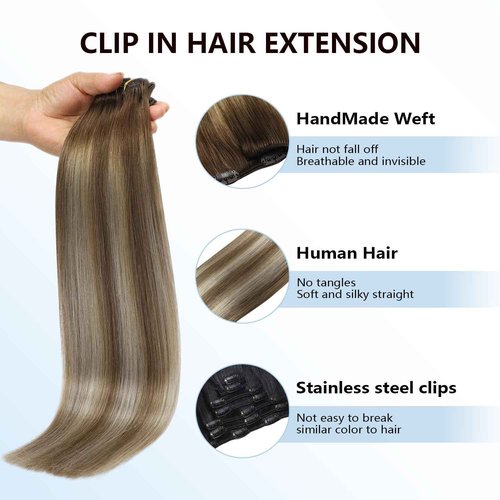 COOKAYU Clip in Hair Extensions Real Human Hair, 20inch 120g 7Pcs 3/8/22 Walnut Brown to Ash Brown and Blonde Hair Extensions Clip in Human Hair Thick Silky Straight Extensions