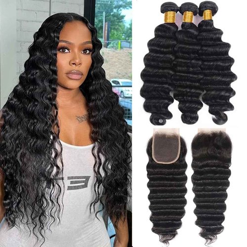Taziza Loose Deep Wave Bundles with Closure(16 18 20+14 Inch,Free Part) Human Hair Pre Plucked with Baby Hair 12A Loose Wave Bundles and Closure Unprocessed Human Hair Deep Curly Closure with Bundles