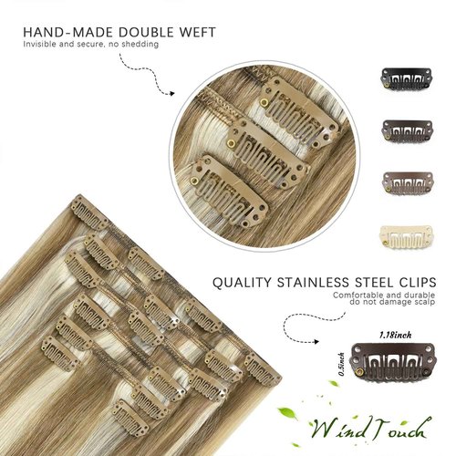 WindTouch Clip in Hair Extensions - 100g Real Human Hair, Mixed Bleach Blonde, 7pc 20-inch Thicker Extensions