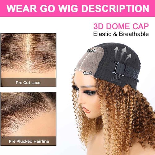 14 Inch Highlight Blonde Wear and Go Glueless Curly Bob Wig Human Hair Pre Plucked, Glueless Pre cut HD Lace Front Wigs Human Hair,Water Wave No Glue wigs, Natural Hairline for Women 200% Density