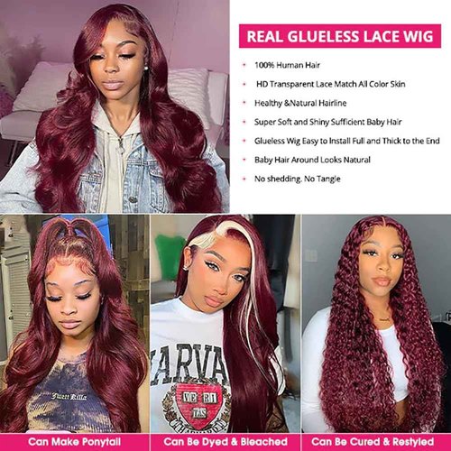 Jewhaut Wear and Go Glueless Wigs Human Hair Pre Plucked Pre Cut for Beginners 99j Burgundy Lace Front Wigs Human Hair Upgraded No Glue 5x5 HD Body Wave Lace Closure Wigs Human Hair for Women 30 Inch
