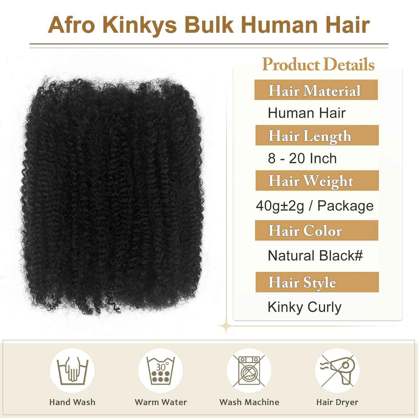 Human Hair for Twist 20 Inch Afro Kinkys Bulk Human Hair 2 Bundles for Dreadlock Extensions Repair Locs Afro Kinky-Curly Bulk for Mini Twist 100% Real HumanHair for Braiding (1B,40g/pack)