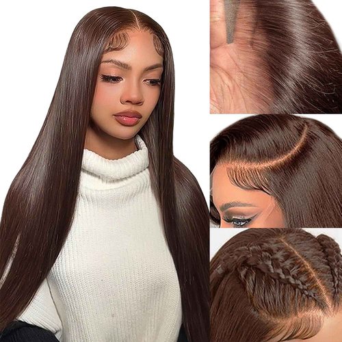 Azkiu 32 Inch Brown Straight Lace Front Wigs Human Hair Straight 13x4 HD Lace Frontal Human Hair Wig Pre Plucked 180% Density Brazilian Virgin Human Hair Wig with Baby Hair for Women
