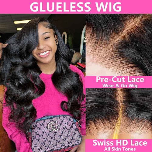 denacfi Glueless Wigs Human Hair Pre Plucked Pre Cut 5x5 Body Wave Lace Closure Wigs Human hair 250 Density Colsure Wigs for Women Ready to Wear Wig 18 Inch