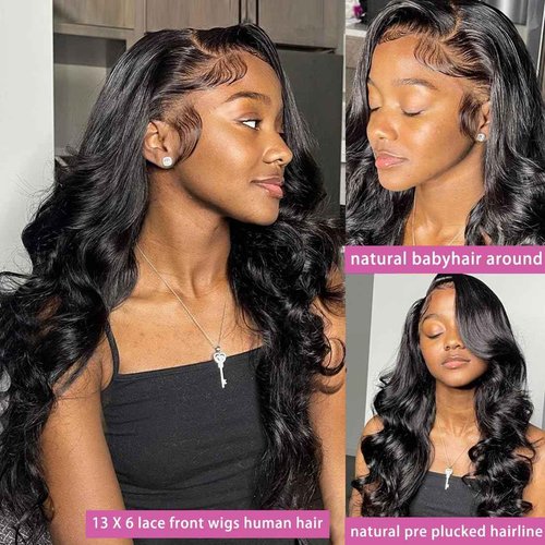 BEEKERKER 13x6 Body Wave Lace Front Wigs Human Hair Pre Plucked 200% Density HD Transparent Lace Frontal Wigs Human Hair With Baby Hair Natural Black 28 Inch