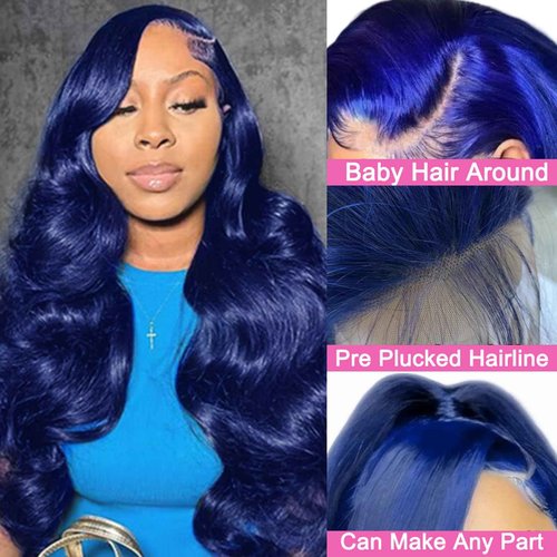 Dorashion Drak Blue 13x4 Body Wave Lace Front Wigs Human Hair 16 Inch 180 Density Glueless HD Transparent Lace Frontal Wigs Human Hair Pre Plucked With Baby Hair Blue Wigs For Women