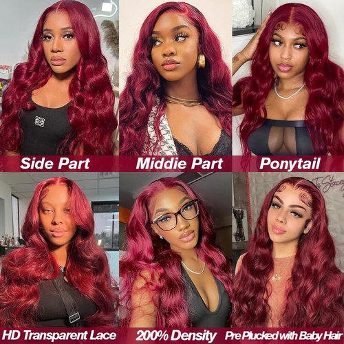 Midulla 99J Burgundy 13x4 HD Body Wave Lace Front Wigs Human Hair 28 Inch Transparent Lace Front Wig 200% Density Glueless Wine Red Colored Body Wave Frontal Wigs Pre Plucked with Baby Hair