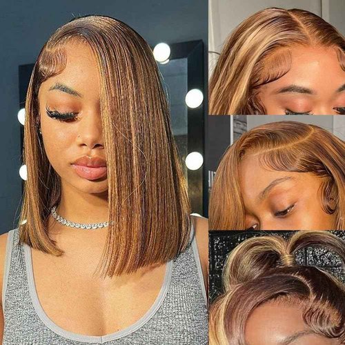 YINGRUN Bob Wig Human Hair Glueless Wigs Human Hair Pre Plucked Pre Cut Human Hair Wigs for Black Women (Highlight Ombre, 14 Inch)